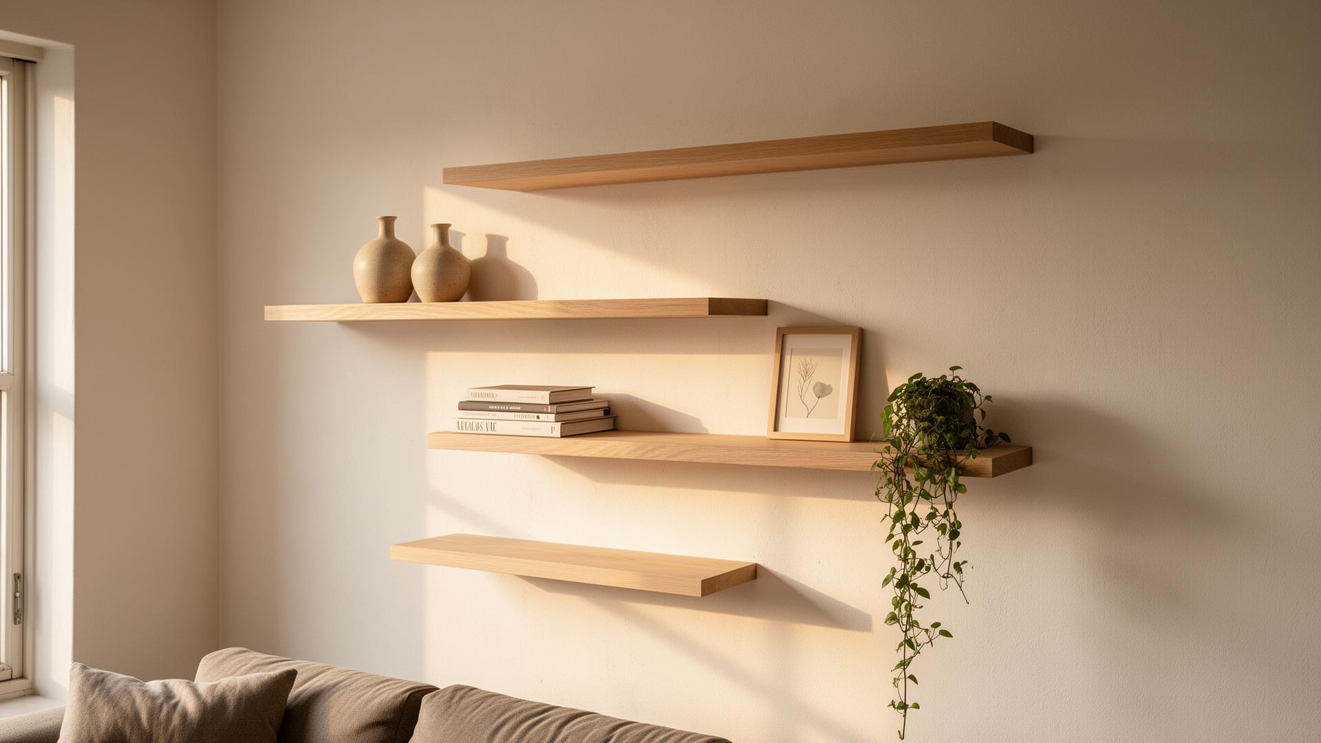 Drie zwevende eiken planken in een minimalistische woonkamer